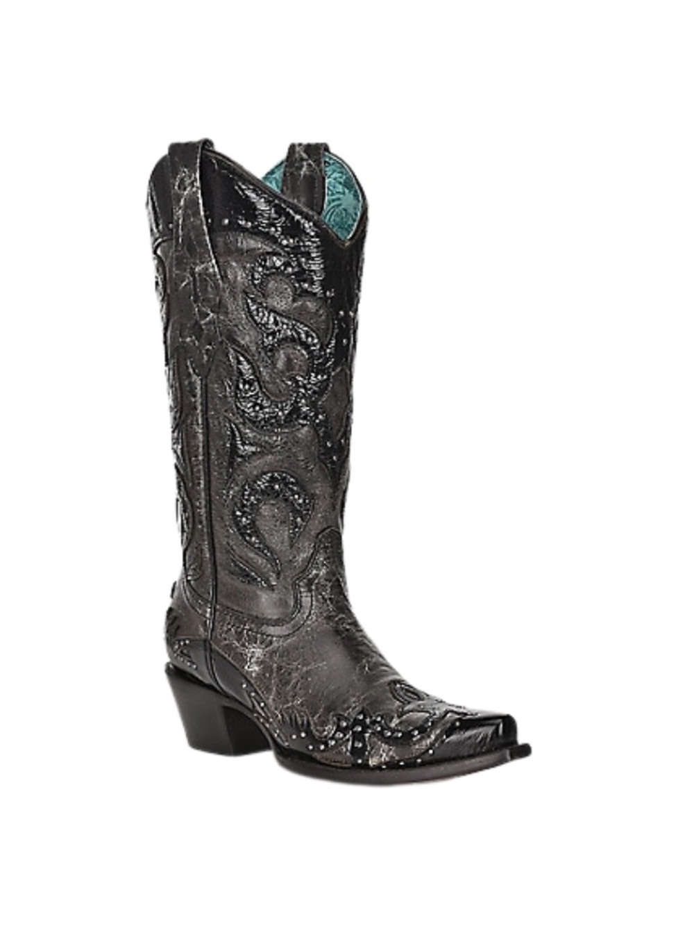 CORRAL EMBROIDERED STUD BLACK OVERLAY SNIP TOE WESTERN BOOTS 8.5